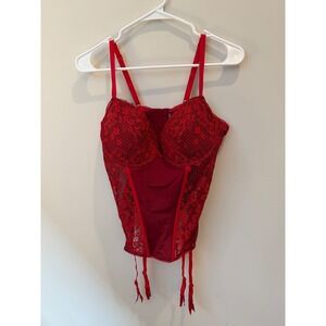 38D Red Adore Me red lace corset top underwire cups and attached garter straps